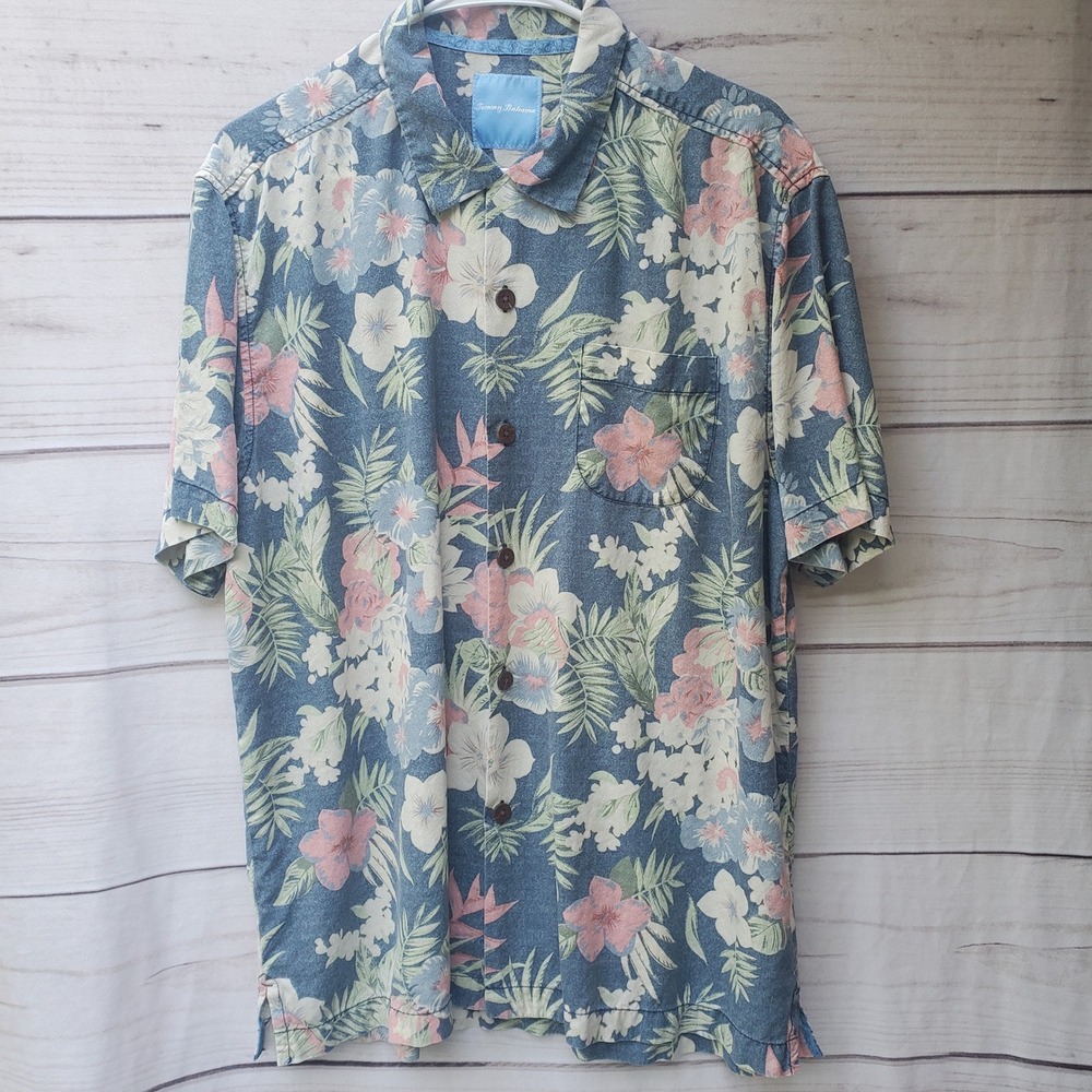 Tommy Bahama Mens Blue Floral Tropical Print Silk Blend Camp Shirt Large